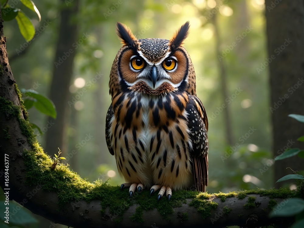 Obraz premium Closeup owl sitting on tree branch in natural forest habitat