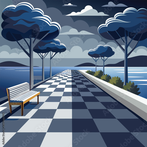 Empty park bench on a checkered promenade by the sea