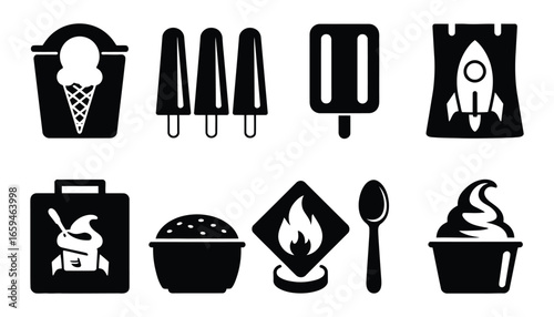 Illustration of ice cream in a bucket, popsicles, a rocket, a takeout bag, a bowl, a flame, a spoon, and soft serve ice cream