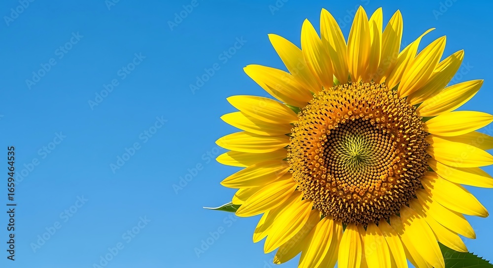 Naklejka premium A single, vibrant sunflower against a clear blue sky, providing ample, clean copy space. An energetic and positive image for summer or nature concepts.