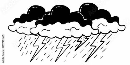 Illustration of three black clouds with rain and lightning on a white background in cartoon style on transparent background