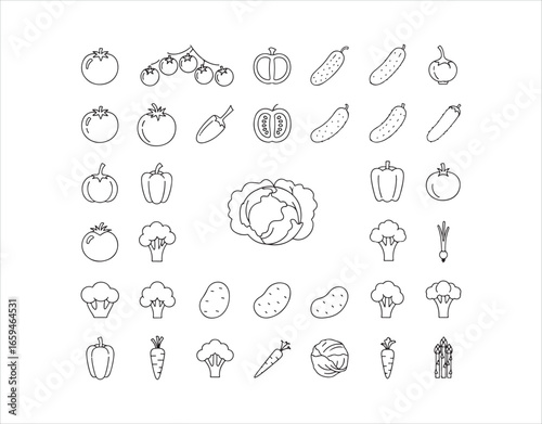 Set of vegetable line icons. Includes tomato, cherry, cucumber, pepper, broccoli, potato, carrot, cabbage, and asparagus in minimal vector illustrations. 