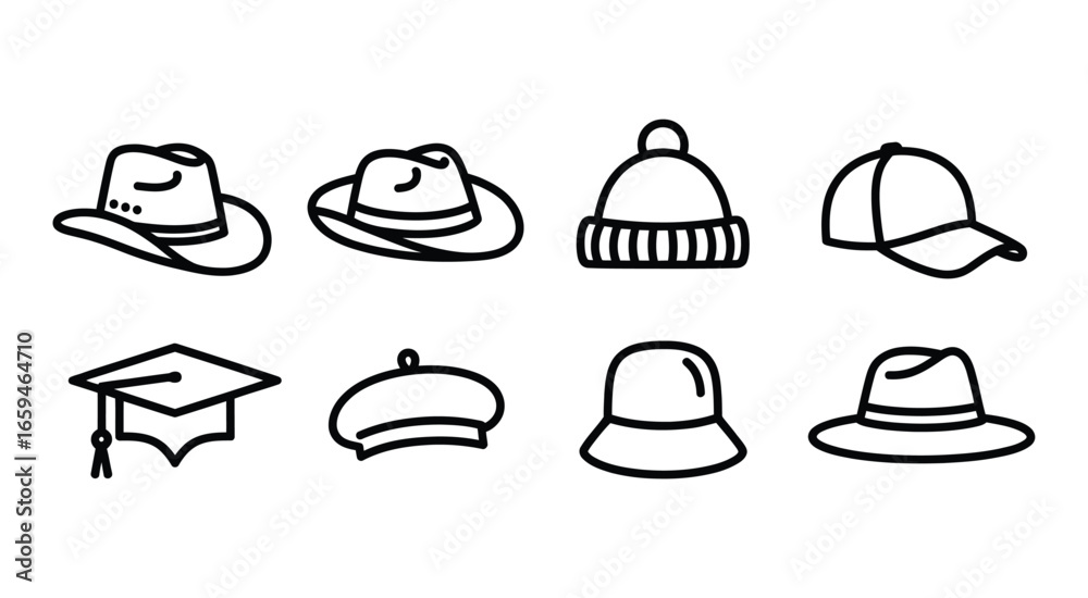 Fototapeta premium Vector art of collection of various hat styles a diverse set of headwear options for fashion, protection, and occasions, including cowboy, fedora, and graduation hats