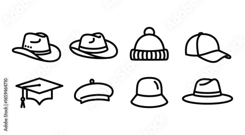 Vector art of collection of various hat styles a diverse set of headwear options for fashion, protection, and occasions, including cowboy, fedora, and graduation hats