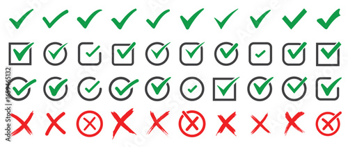 Vector set of ticks and crosses with multiple styles, including correct marks, wrong signs, confirm buttons, cancel icons, and validation graphics for digital design and presentations.