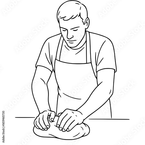 Simple line  of a male hands kneading dough for baking preparation