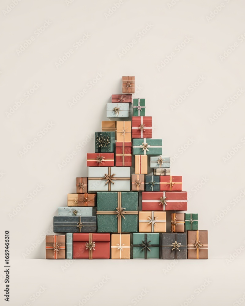 Obraz premium Gift Pyramid: An artfully constructed pyramid of wrapped gifts, a symbol of giving and celebration. Perfect for conveying sentiments of joy, surprises and excitement! Generative AI