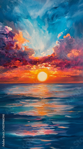 Beautiful Sunset Sky with Clouds and Ocean Horizon in Vibrant Colors Background,generative ai