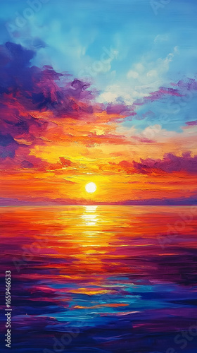 Beautiful Sunset Sky with Clouds and Ocean Horizon in Vibrant Colors Background,generative ai