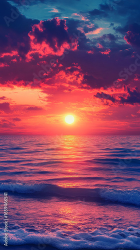 Beautiful Sunset Sky with Clouds and Ocean Horizon in Vibrant Colors Background,generative ai