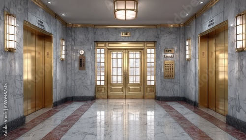 Grand marble lobby with gold accents and elevators