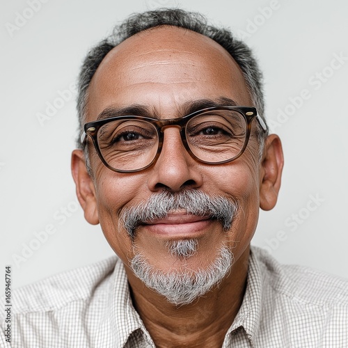 Smiling Senior Man with Beard and Glasses - Confident and Friendly Close-up Portrait on White Background