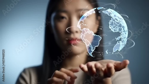 Young woman interacting with a holographic globe, showcasing global connectivity and technology