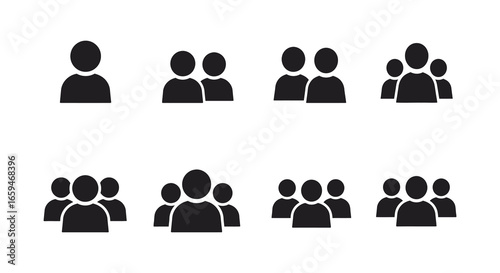 Black silhouette icons of people in groups of varying sizes together