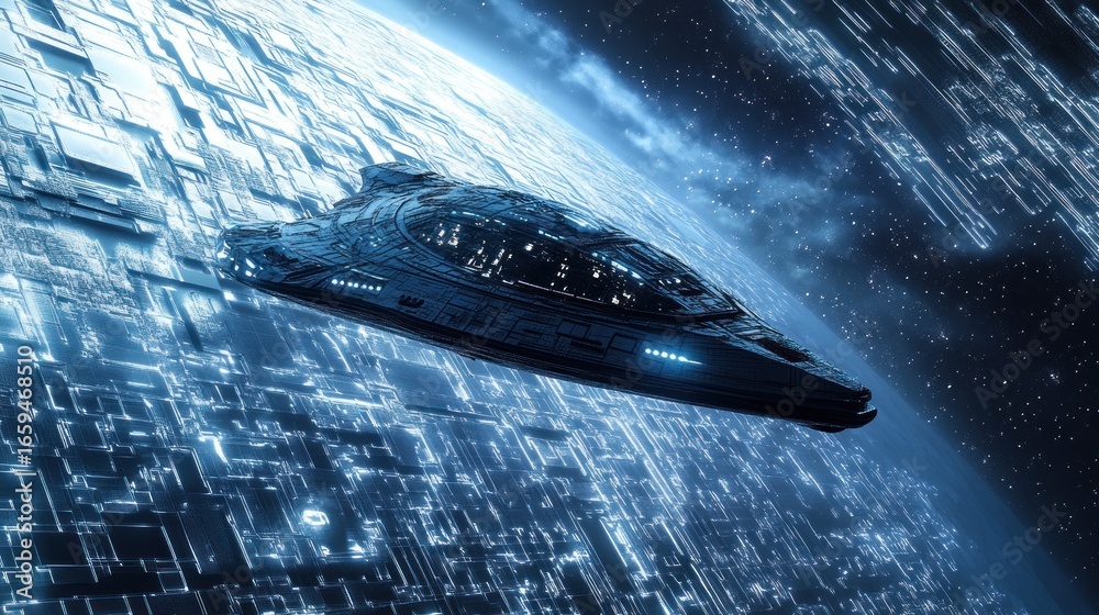 Obraz premium A sleek, dark spaceship with glowing blue accents flies above a futuristic, grid-like planet, bathed in the cold light of space