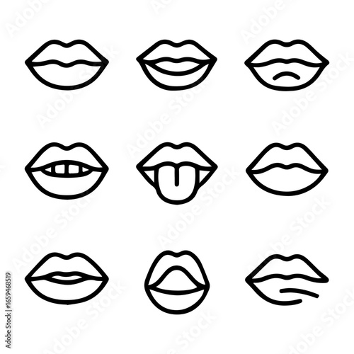 Collection of stylized lip outlines depicting various expressions and shapes.