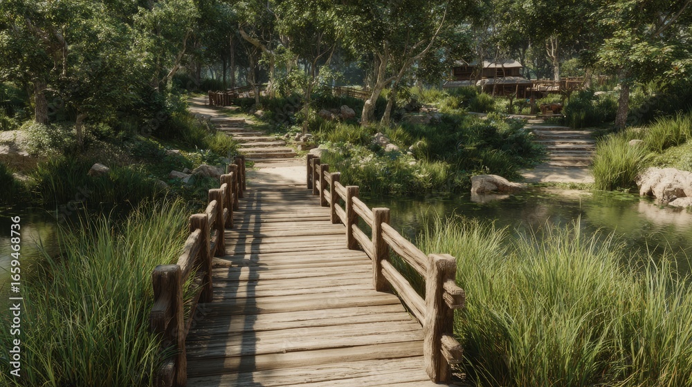 Obraz premium Wooden bridge of historic style spanning calm waters, walking paths nearby framed with grass, rustic timeless design, natural outdoor setting, 3D render