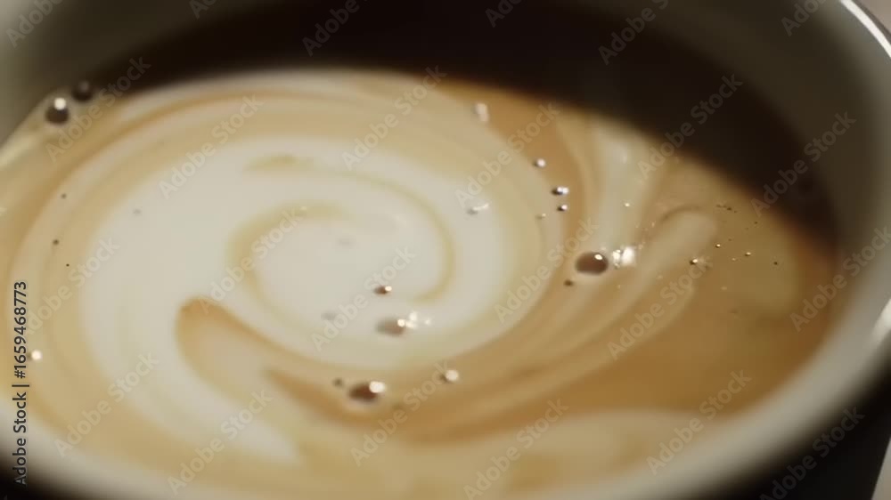 Cream swirling in a cup of coffee with soft lighting, creating a warm and inviting atmosphere Cream swirling in a cup of coffee with soft lighting, creating a warm and inviting atmosphere