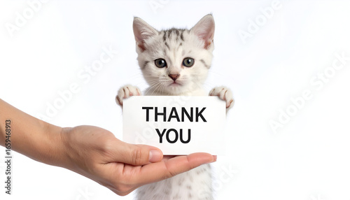 Kitten holding thank you note.
