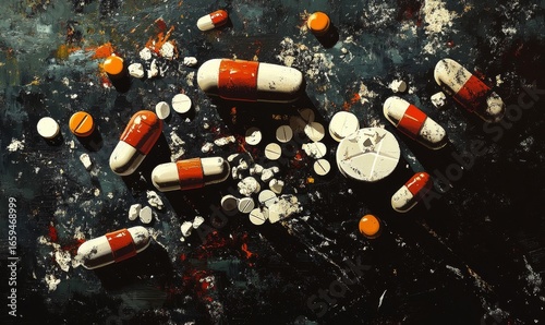 Visual representation of the opioid epidemic, featuring prescription pills, medicine capsules, and tablets scattered across a surface, symbolizing the ongoing challenge opioid addiction, Generative AI