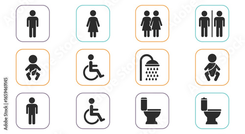 Restroom and bathroom icons for men women and people with disabilities