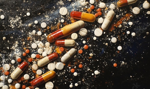 Visual representation of the opioid epidemic, featuring prescription pills, medicine capsules, and tablets scattered across a surface, symbolizing the ongoing challenge opioid addiction, Generative AI