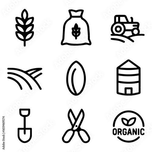 Nine Bold Black Line Icons Depicting Farming and Agriculture.