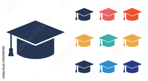Graduation caps in different colors for education and academic themes