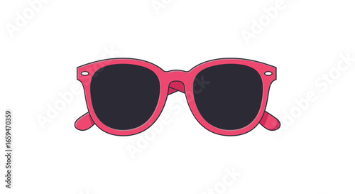 A pair of pink sunglasses with black lenses and classic frame design