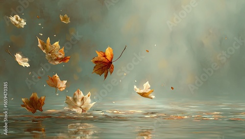 Autumn leaves floating over water