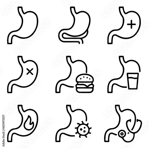 Nine Stomach Icons Illustrating Health Disease and Medical Examination.