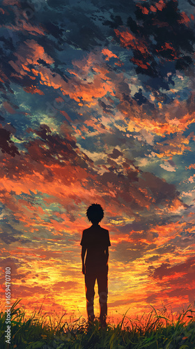 Silhouette Person Standing with Colorful Sunset Sky and Clouds in Horizon Background,generative ai