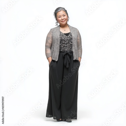 Elegant Woman's Portrait in Formal Attire: Stylish Black Jumpsuit with Gray Cardigan and Accessories in a Modern Studio Fashion Shot