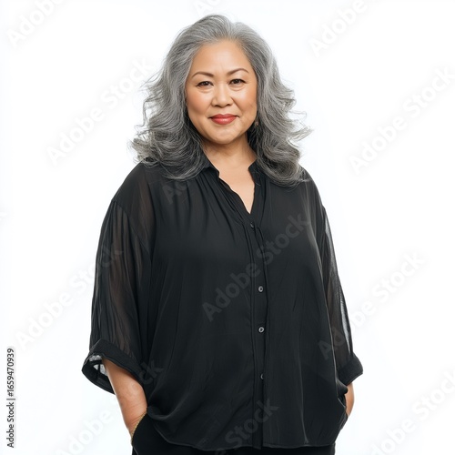 Confident Gray-Haired Woman in Black Blouse: Beauty, Fashion, and Age Positivity in Studio Portrait Photography