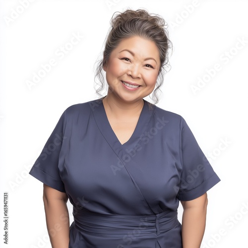 Smiling Asian Healthcare Professional in Scrubs: Confident and Approachable Female Portrait in Studio Shot Marking Empathy and Wellness for Healthcare Marketing