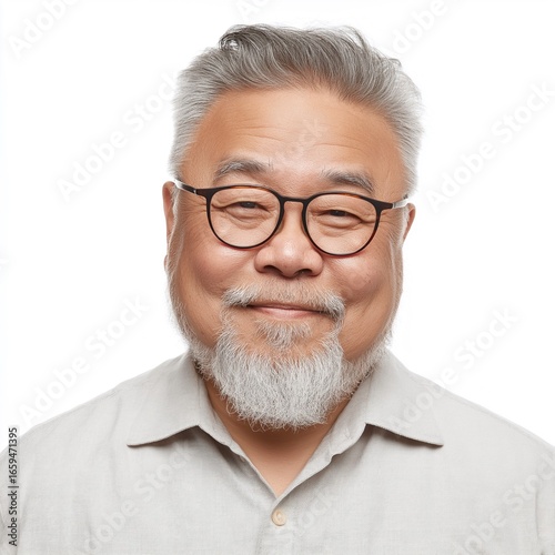 Smiling Senior Man with Glasses and Beard: Cheerful Expression and Positive Attitude in Close-Up Portrait on White Background