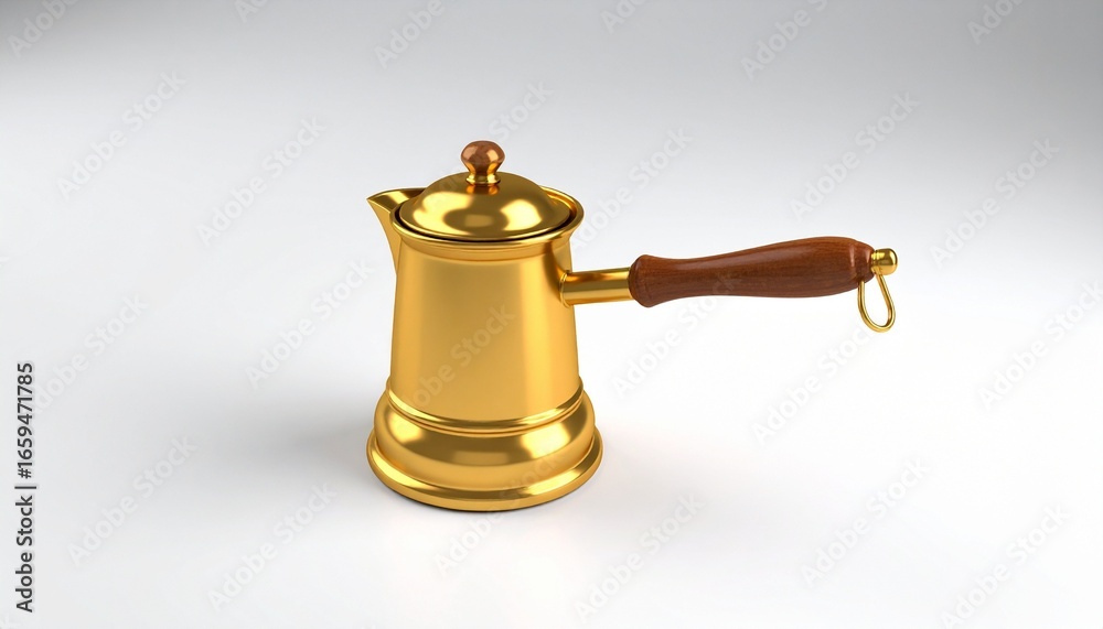 Golden brew — reflective coffee pot with wooden handle on white, poised in quiet elegance. Golden brew — reflective coffee pot with wooden handle on white, poised in quiet elegance.