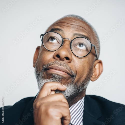Thoughtful Elderly Businessman in Glasses and Suited Attire Contemplating Strategic Planning and Ideas in a Close-Up Portrait