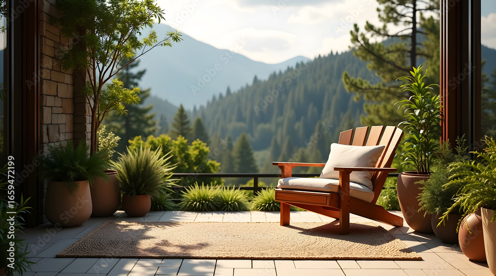 Obraz premium A cozy Adirondack chair on a tiled patio overlooking a serene forest and mountains