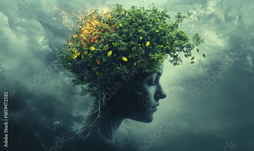 Evocative image representing mental health issues, portraying a person with a tree growing from their head, each leaf symbolizing a thought or emotion, Generative AI