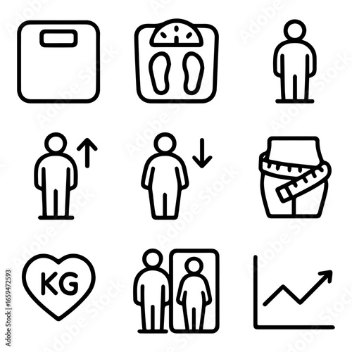 Weight Loss Health and Fitness Icons Depicting Various Body Measurements.