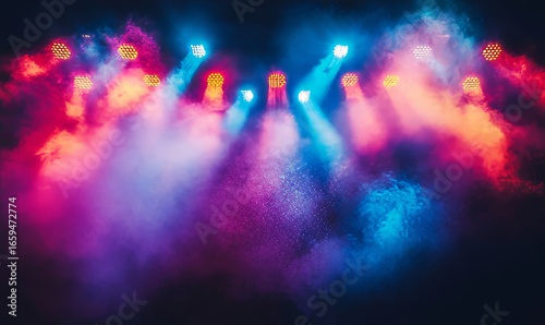 Vibrant stage illuminated by colored spotlights and smoke, capturing the excitement and anticipation of live performances, Generative AI