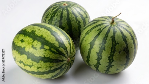 Three ripe green striped watermelons grouped together isolated on white background