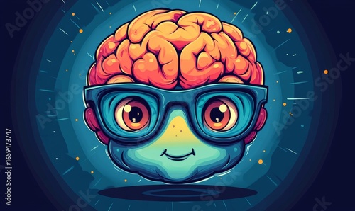 Cartoon avatar with a large brain and glasses, symbolizing intellect, knowledge, and the pursuit of learning in a playful and engaging manner, Generative AI