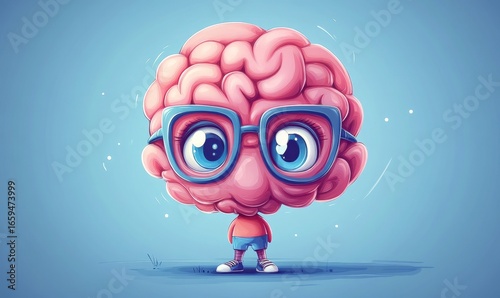 Cartoon avatar with a large brain and glasses, symbolizing intellect, knowledge, and the pursuit of learning in a playful and engaging manner, Generative AI