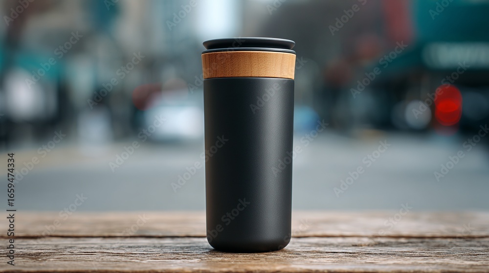 Fototapeta premium Sleek black reusable travel mug with wood accent for eco conscious lifestyles on a rustic wooden table