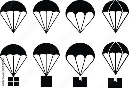 Parachute icons set in flat styles. Collection and group of skydiving, safety gear, rescue, flying equipment, extreme sport, adventure, and air parachute symbols