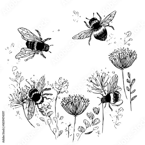 Bees and flowers vector illustration for nature lovers and botanical art enthusiasts black and white drawing