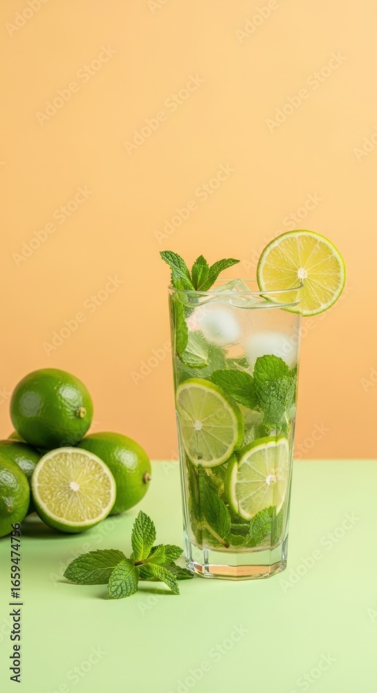 Fototapeta premium Refreshing mojito cocktail with lime and mint in a tall glass with ice