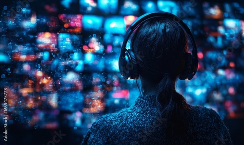 Media streaming concept with a person wearing headphones, symbolizing immersion in multimedia content and the evolving nature of entertainment and communication, Generative AI